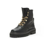 Popinta Black Smooth Snake Closure Rounded Toe Chain Detailed Boots (Black Smooth Snake, 6.5)